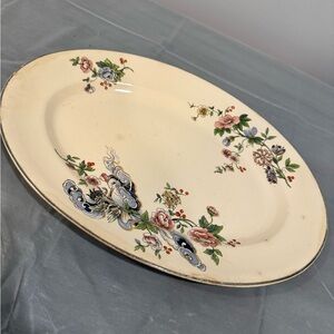 Vintage Floral Oval Serving Platter | Gold Trim Creamware Dish